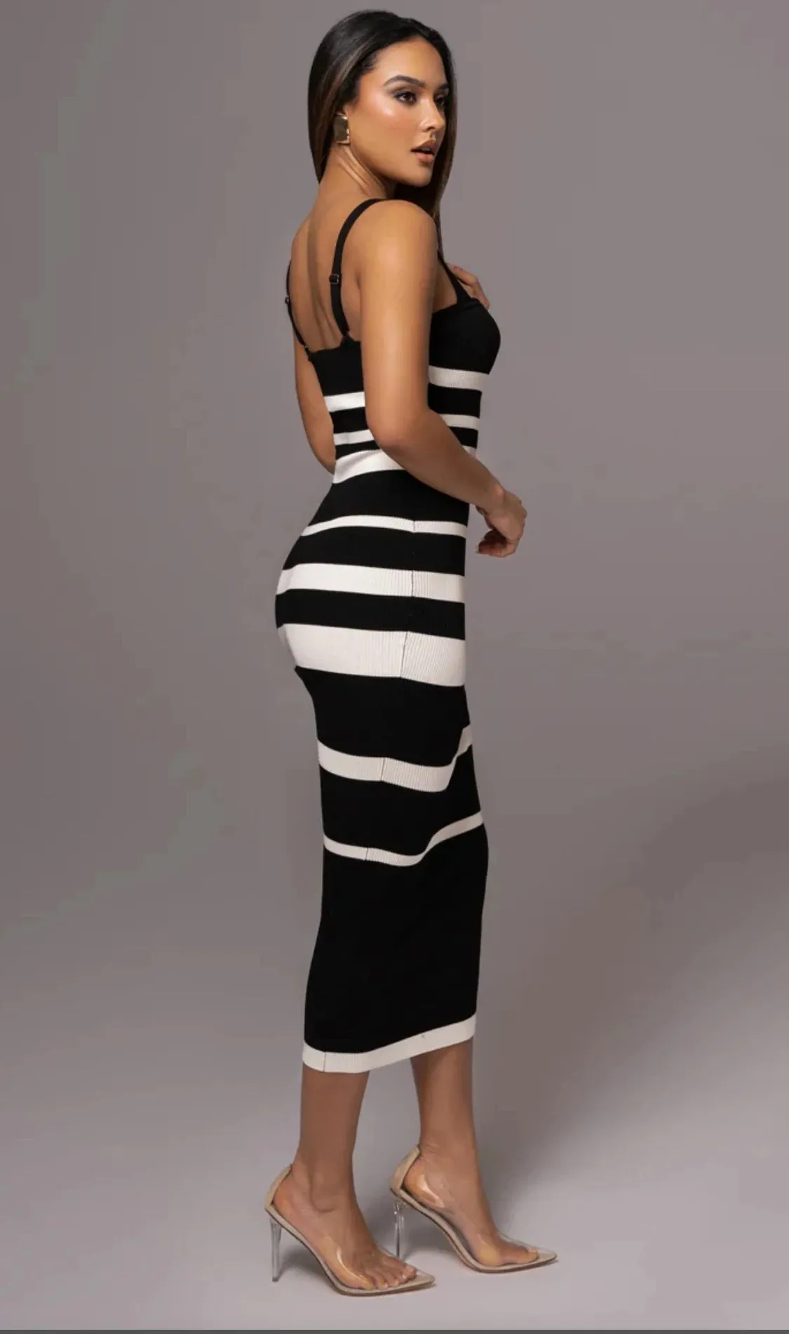 Ribbed Stripe Bodycon Cami Early Fall Midi Dress