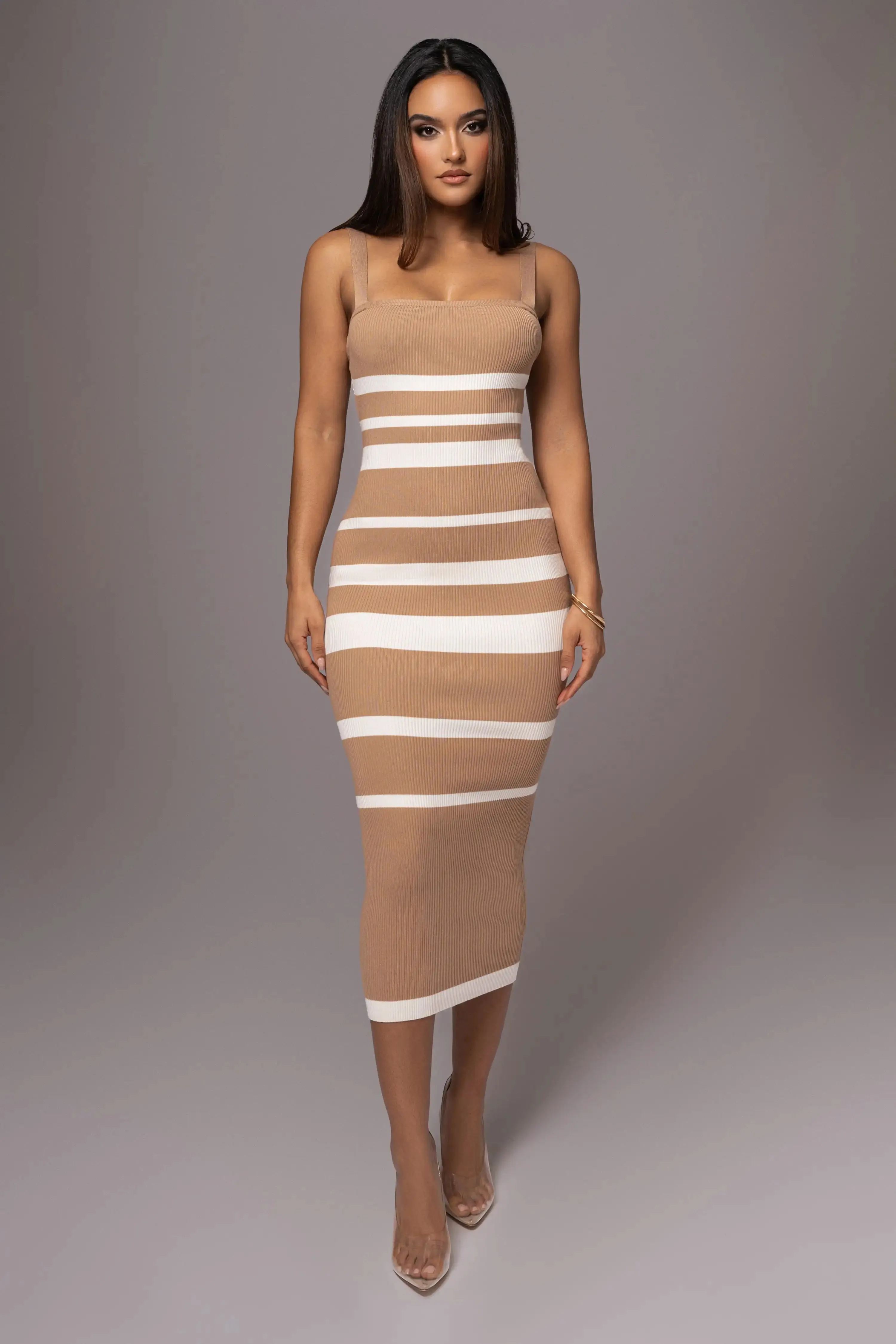 Ribbed Stripe Bodycon Cami Early Fall Midi Dress