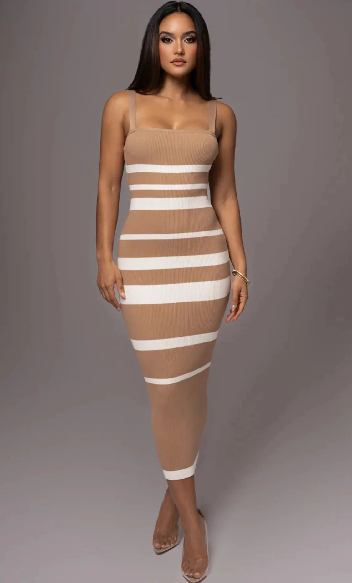 Ribbed Stripe Bodycon Cami Early Fall Midi Dress