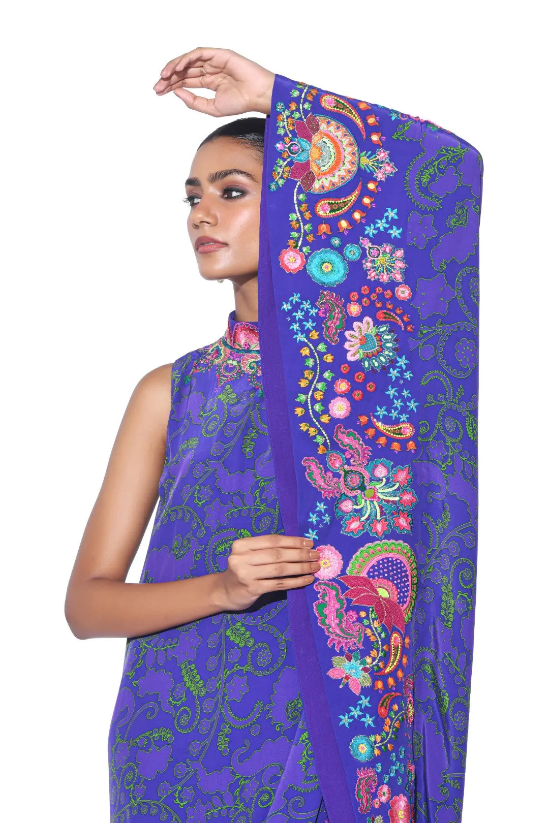 Royal Purple Embroidered One Shoulder Dress And Jumpsuit