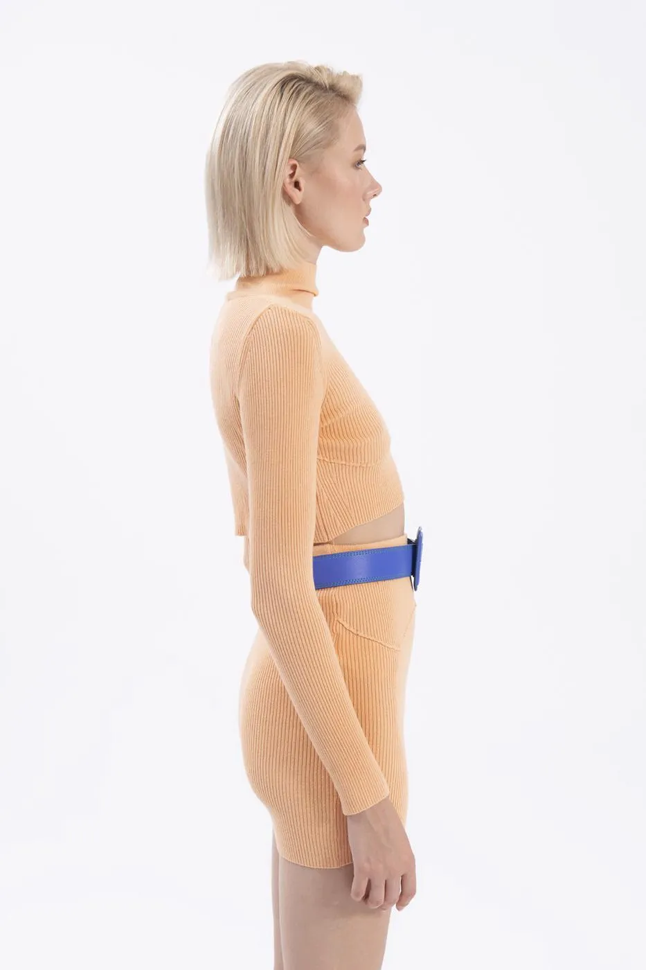 Salmon Stand Collar Crop Knitted Blouse