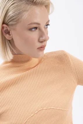 Salmon Stand Collar Crop Knitted Blouse
