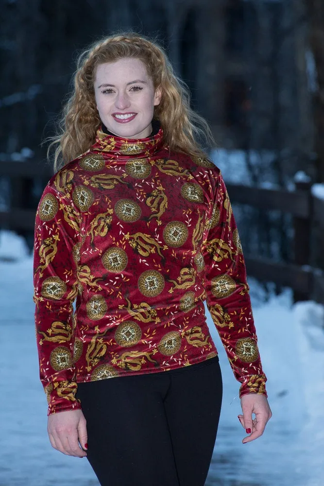 Shirt, Turtleneck Velvet Burgundy Red Chinese Dragon, Womens