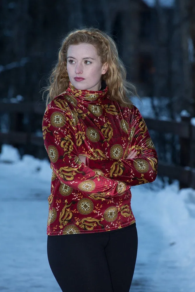 Shirt, Turtleneck Velvet Burgundy Red Chinese Dragon, Womens