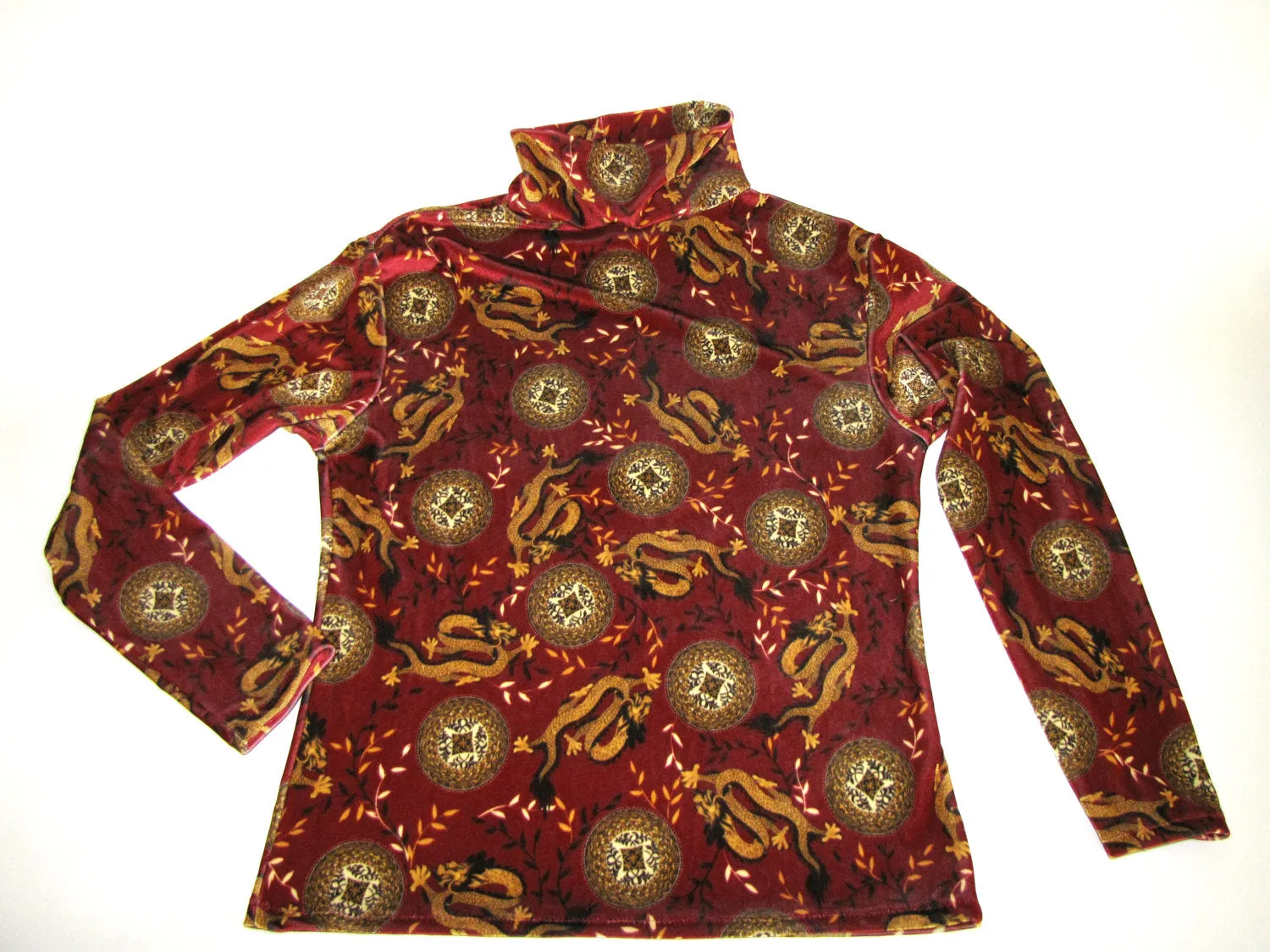 Shirt, Turtleneck Velvet Burgundy Red Chinese Dragon, Womens