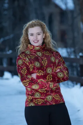 Shirt, Turtleneck Velvet Burgundy Red Chinese Dragon, Womens