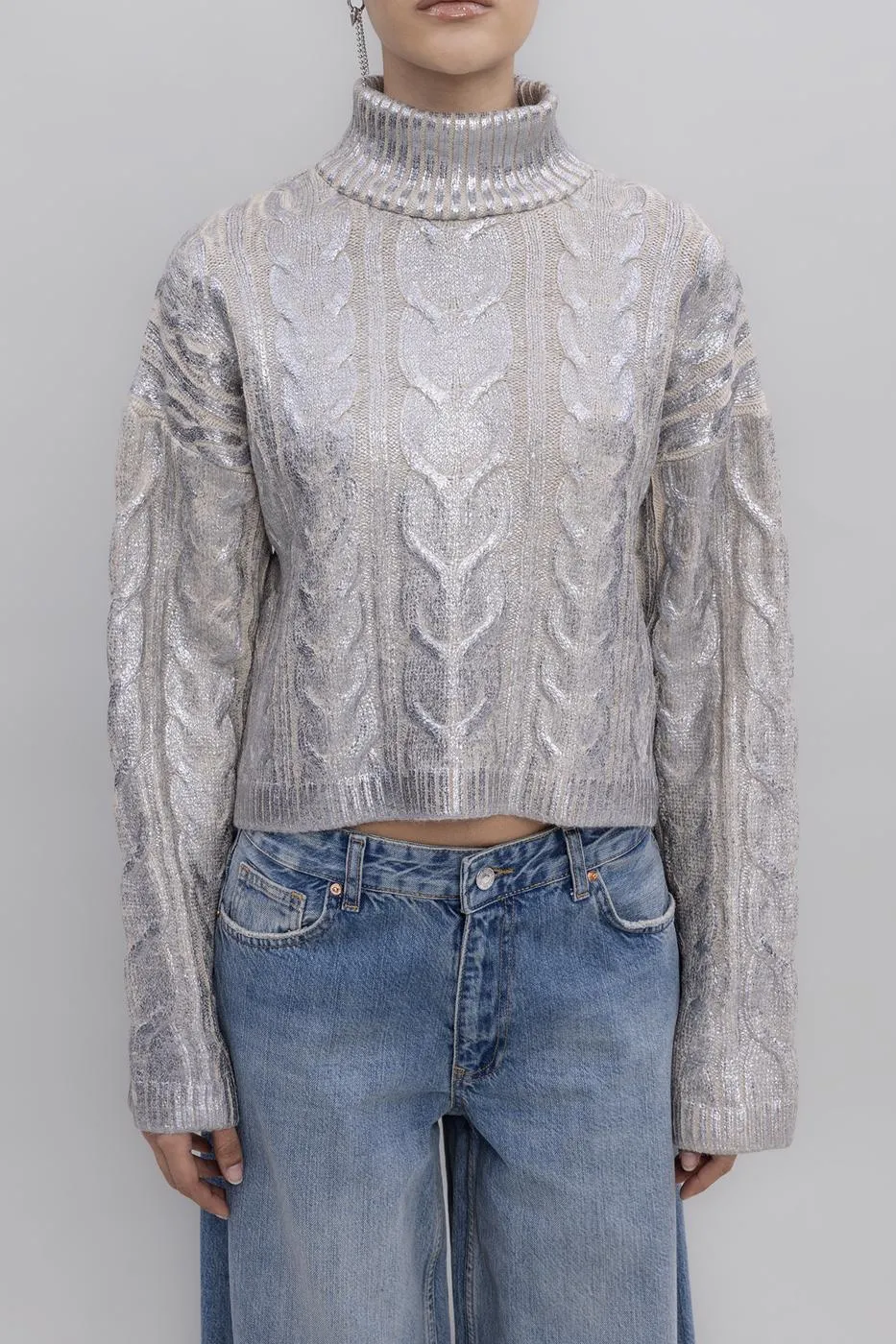 Silver Foil Printed Turtleneck Sweater