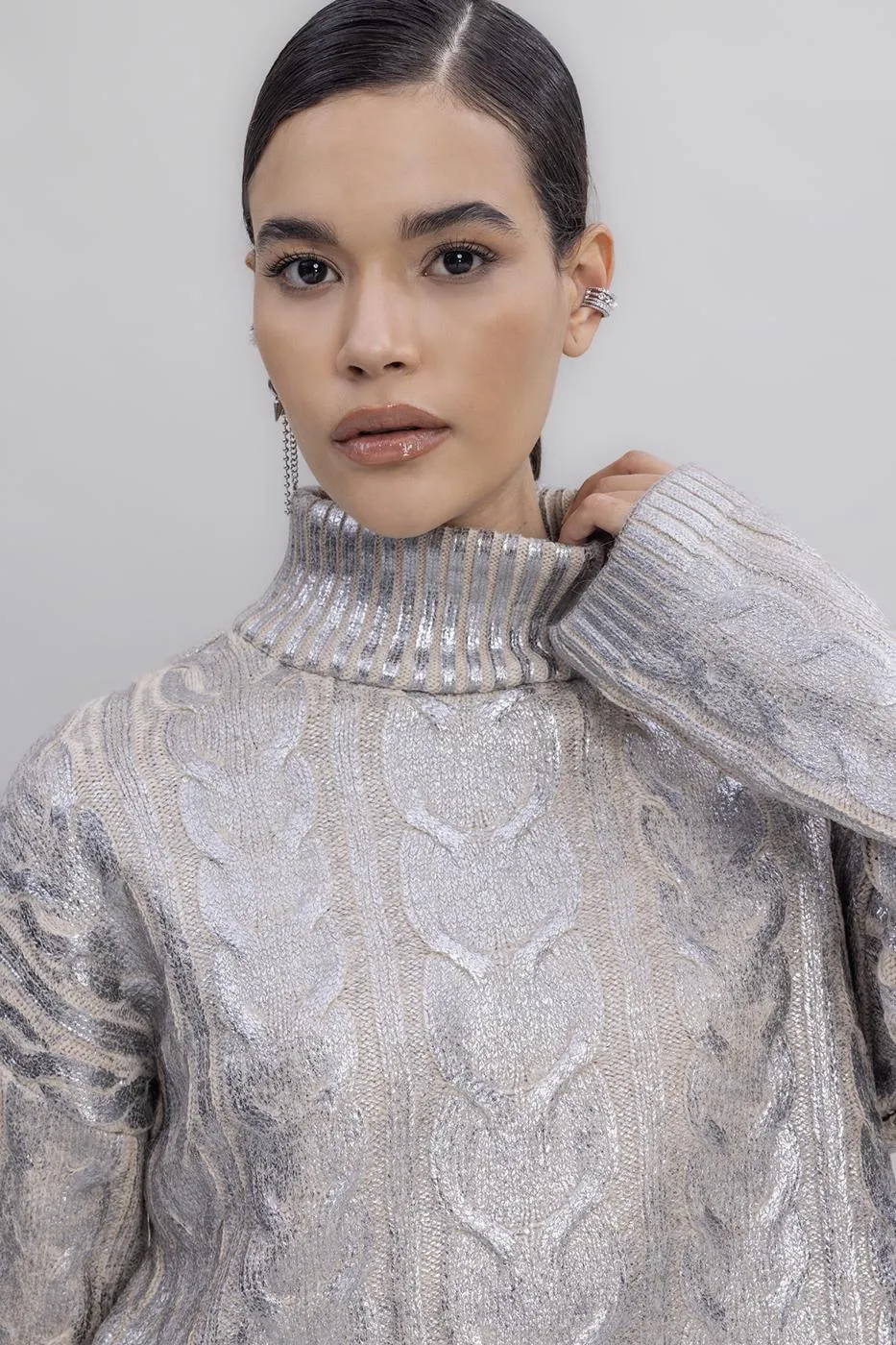 Silver Foil Printed Turtleneck Sweater