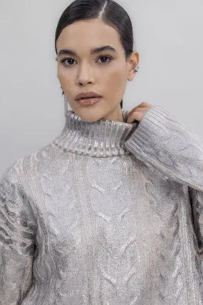 Silver Foil Printed Turtleneck Sweater