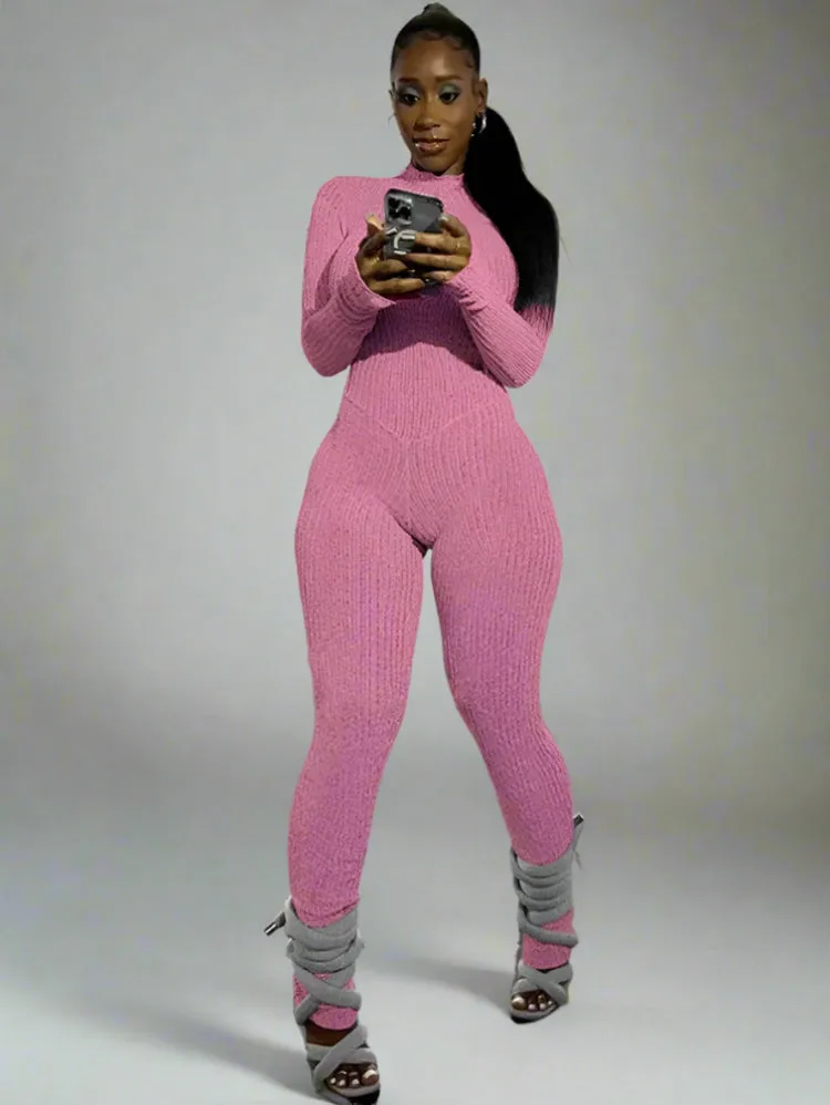 Solid Color Knit Turtleneck Back Lace-Up Long Sleeve Jumpsuit