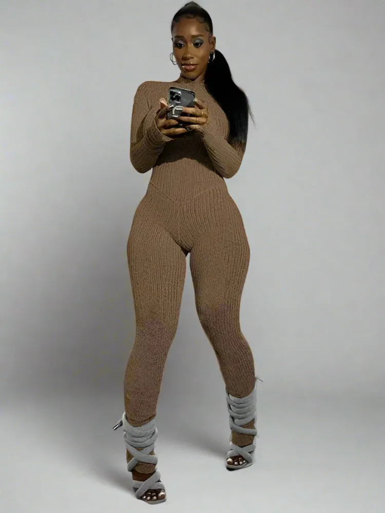 Solid Color Knit Turtleneck Back Lace-Up Long Sleeve Jumpsuit