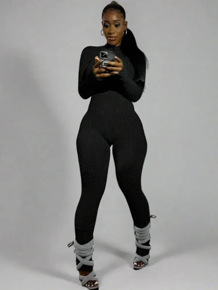 Solid Color Knit Turtleneck Back Lace-Up Long Sleeve Jumpsuit