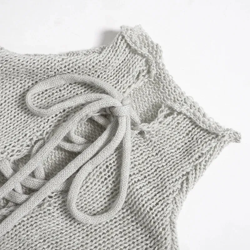 Solid Color Knit Turtleneck Back Lace-Up Long Sleeve Jumpsuit
