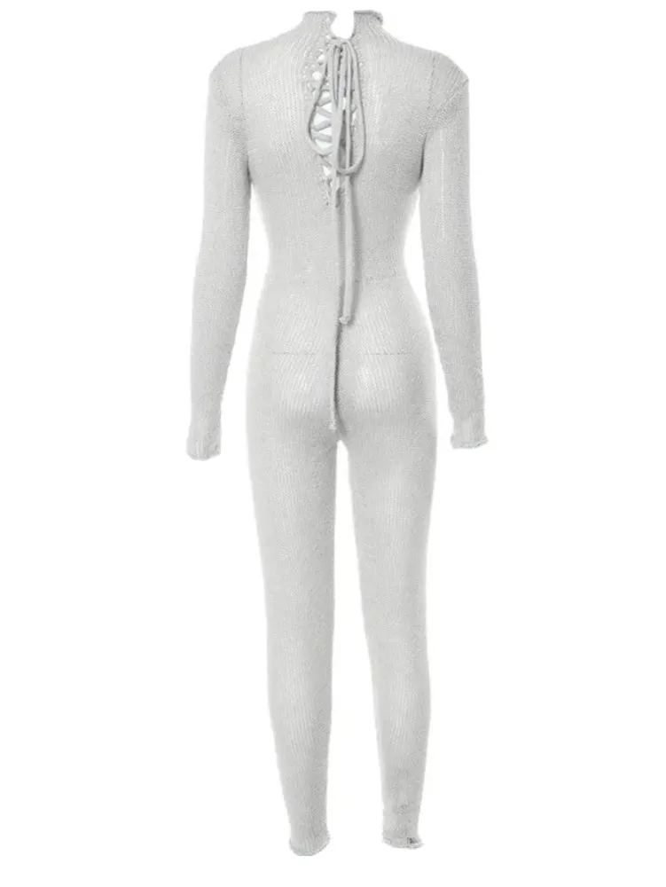 Solid Color Knit Turtleneck Back Lace-Up Long Sleeve Jumpsuit