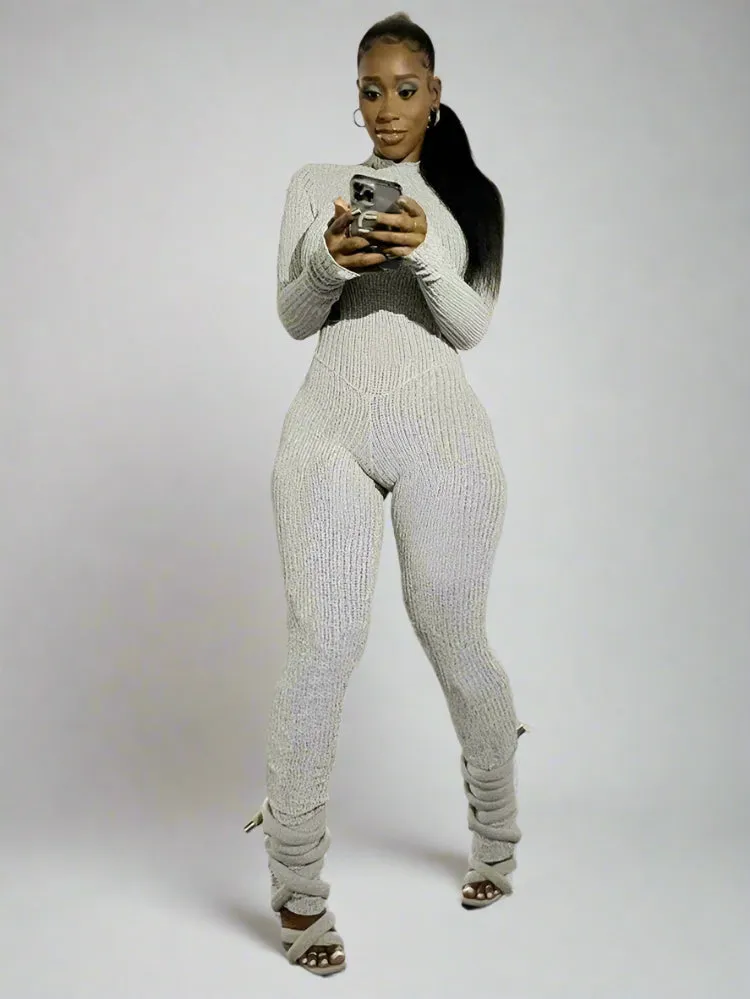 Solid Color Knit Turtleneck Back Lace-Up Long Sleeve Jumpsuit