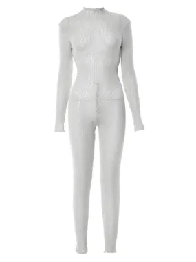 Solid Color Knit Turtleneck Back Lace-Up Long Sleeve Jumpsuit
