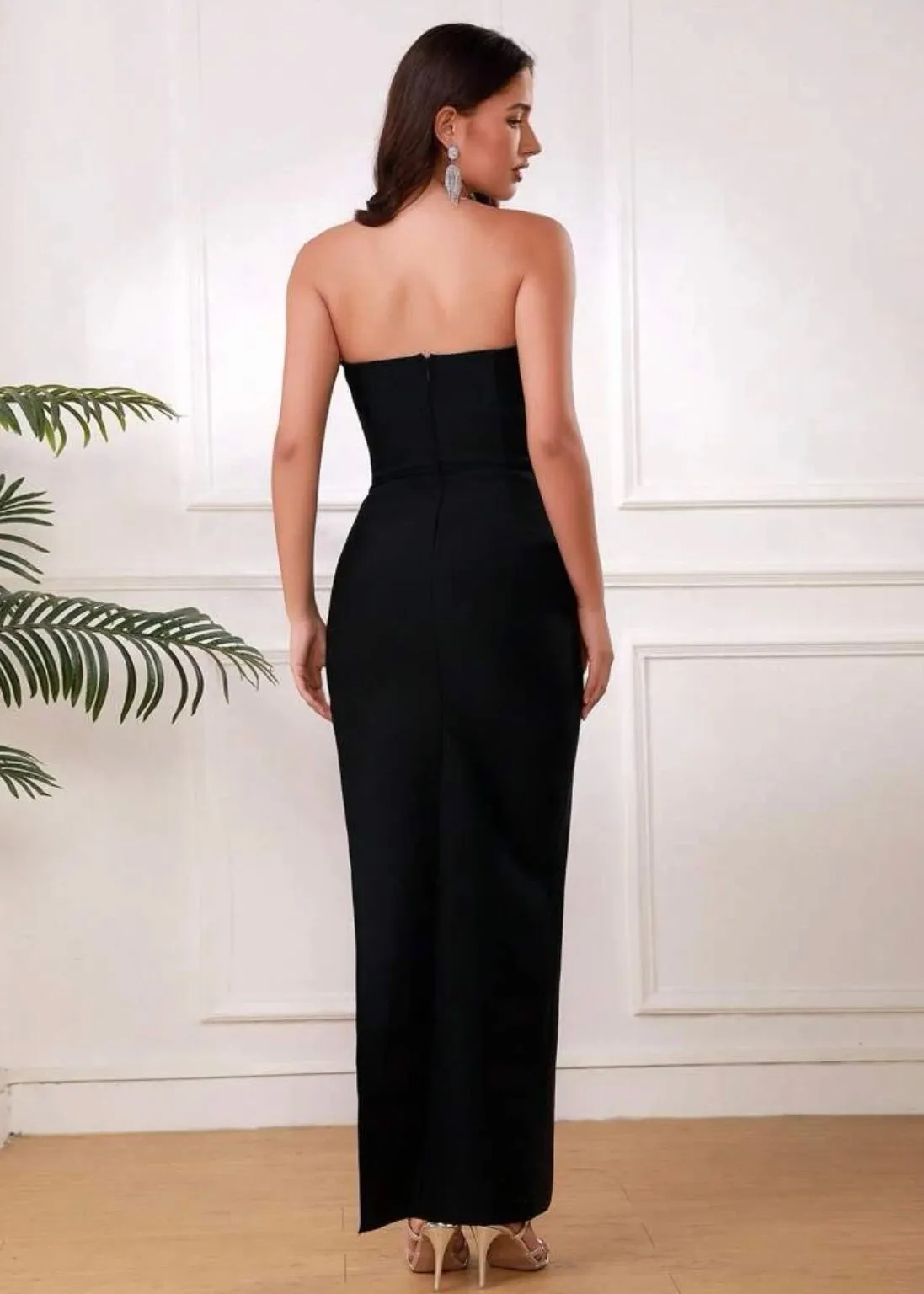 Strapless Crystal Flowers Detail Maxi Bodycon Dress