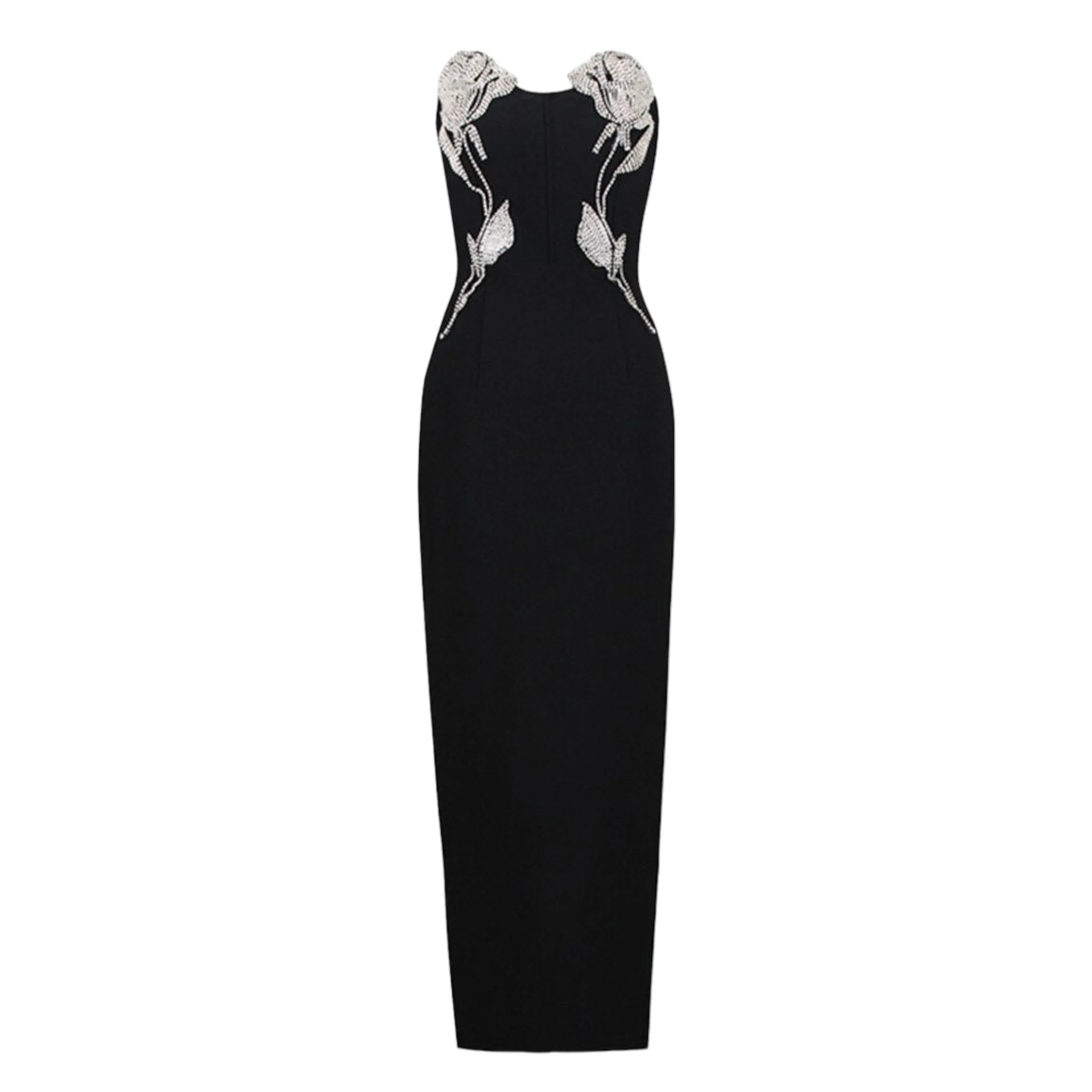 Strapless Crystal Flowers Detail Maxi Bodycon Dress