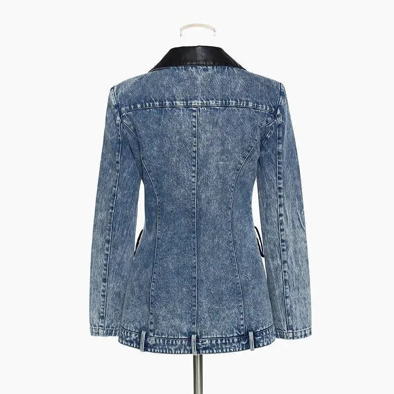Streetwear Leather Collar Denim Blazer Women - Casual - Plain-Solid