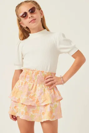 Textured Floral Smocked Waist Layered Skirt - Pink Mix
