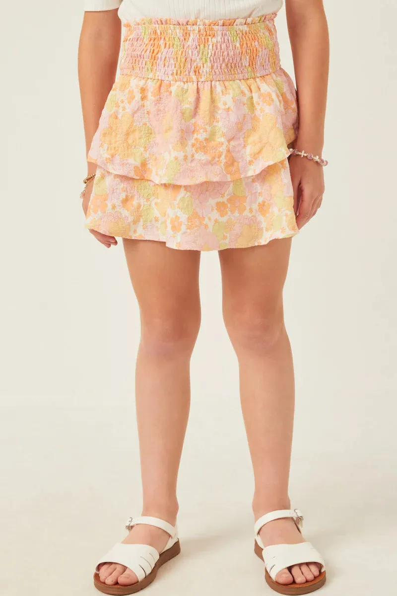 Textured Floral Smocked Waist Layered Skirt - Pink Mix