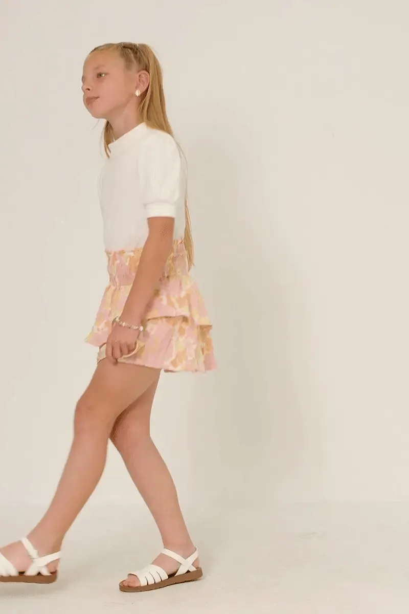 Textured Floral Smocked Waist Layered Skirt - Pink Mix