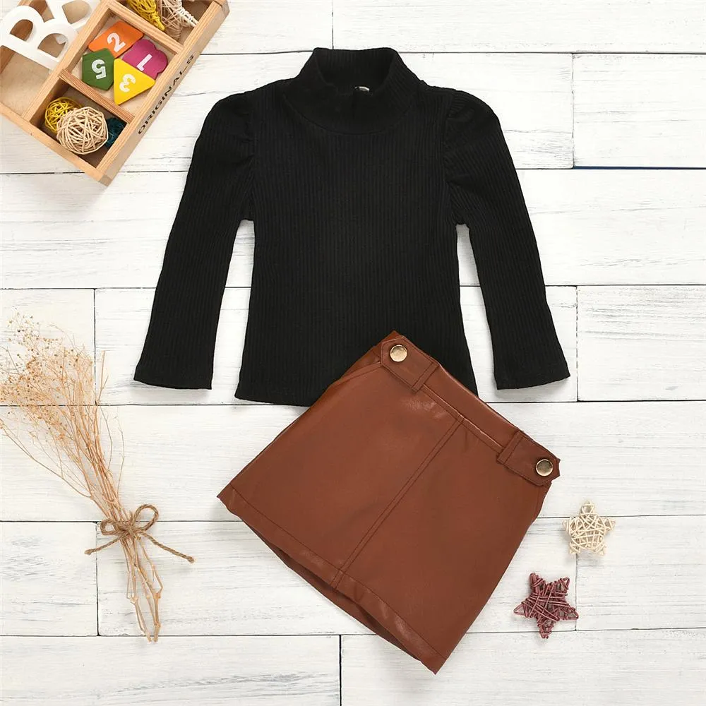 Toddler Girls Long Sleeve Turtleneck Top & PU Skirt Wholesale Girl Clothes