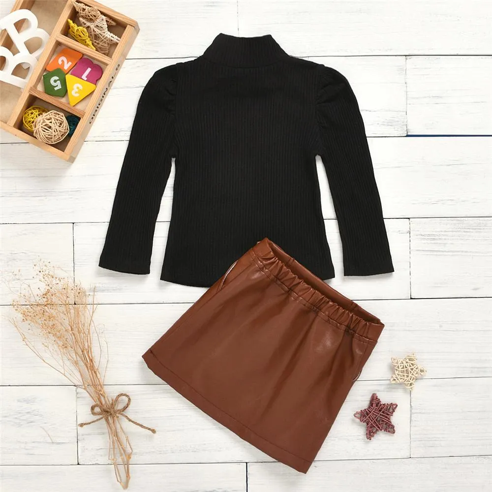 Toddler Girls Long Sleeve Turtleneck Top & PU Skirt Wholesale Girl Clothes