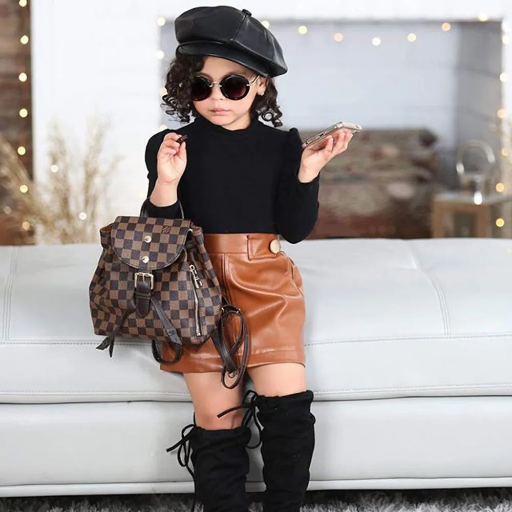 Toddler Girls Long Sleeve Turtleneck Top & PU Skirt Wholesale Girl Clothes