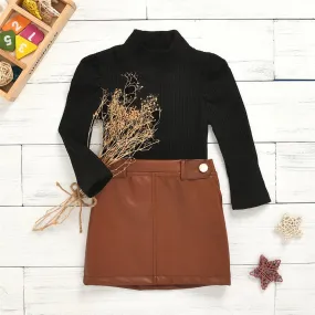Toddler Girls Long Sleeve Turtleneck Top & PU Skirt Wholesale Girl Clothes
