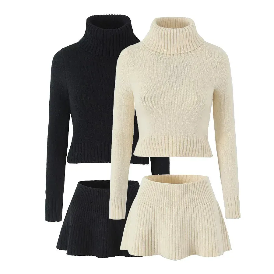 Turtleneck cropped flowing knit sweater with matching knit skirt set