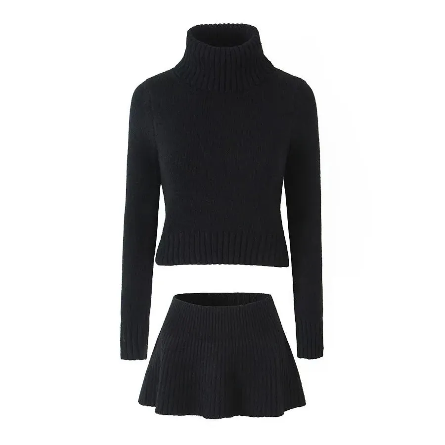 Turtleneck cropped flowing knit sweater with matching knit skirt set
