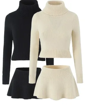 Turtleneck cropped flowing knit sweater with matching knit skirt set