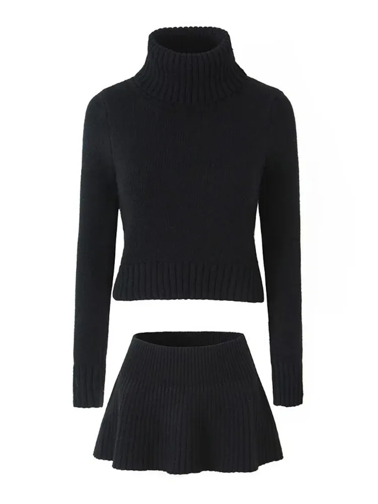 Turtleneck cropped flowing knit sweater with matching knit skirt set