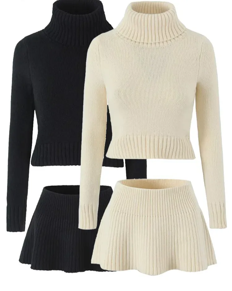 Turtleneck cropped flowing knit sweater with matching knit skirt set