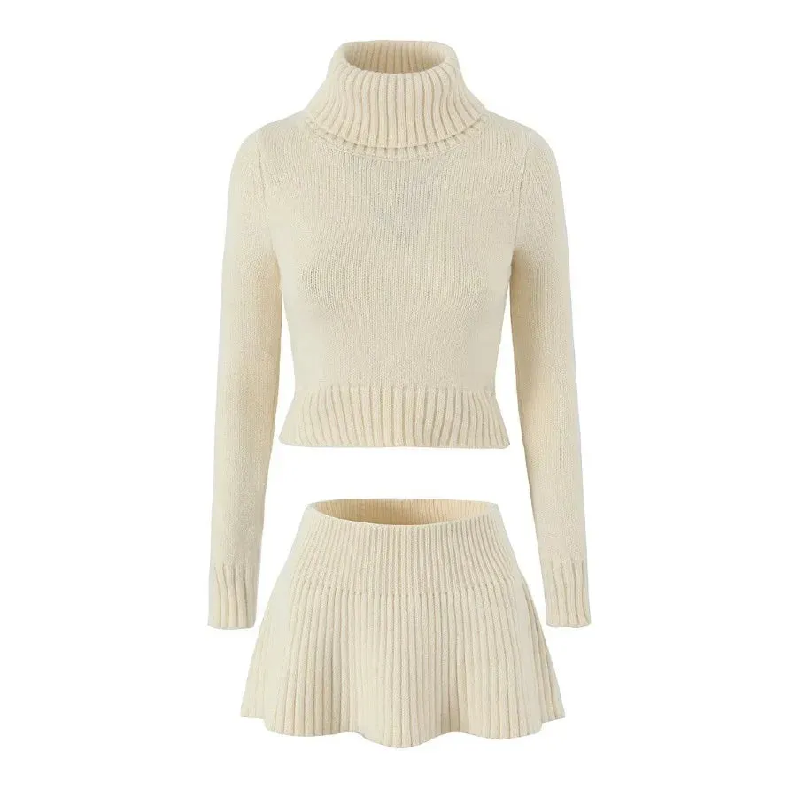 Turtleneck cropped flowing knit sweater with matching knit skirt set