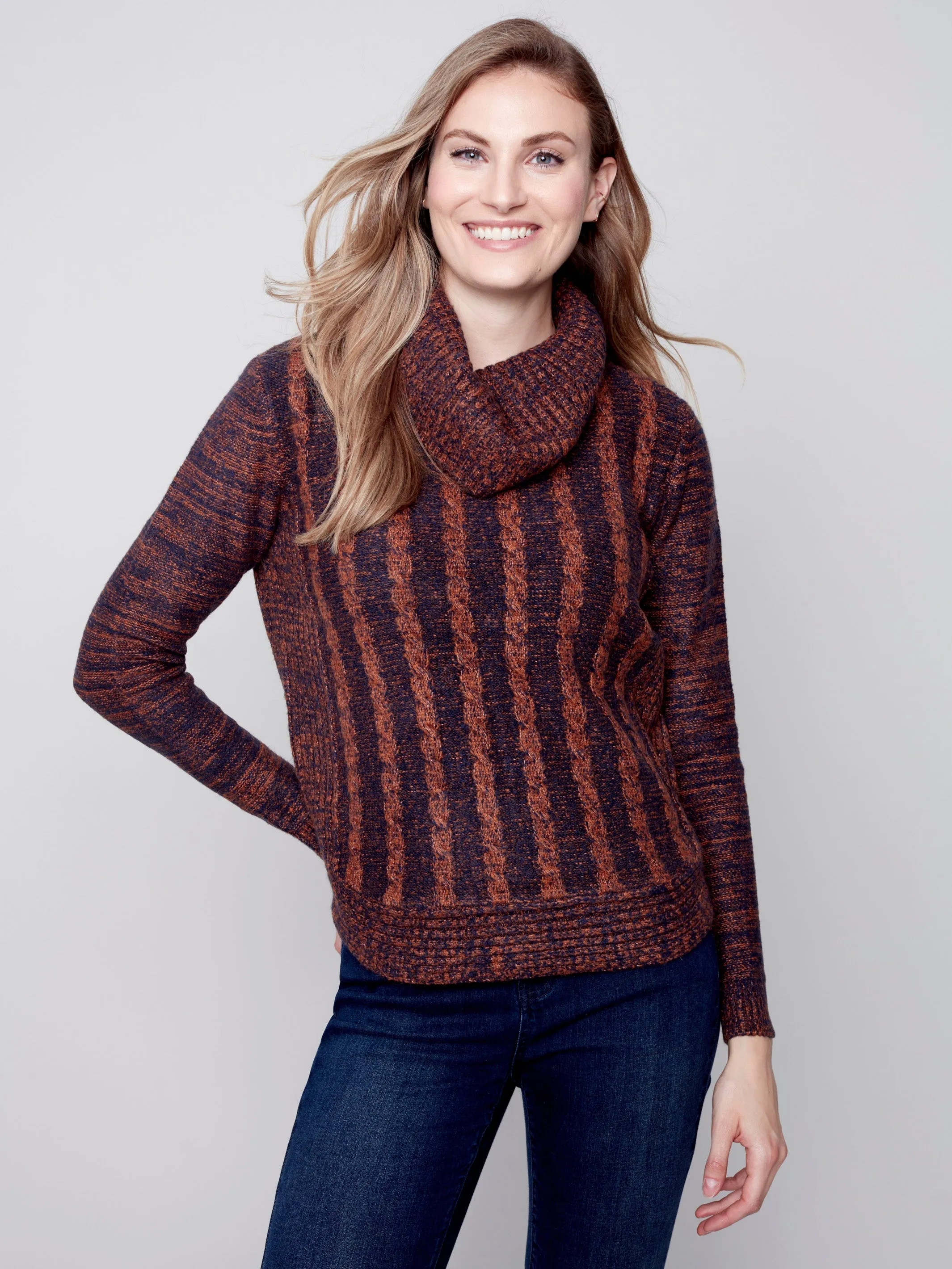 Two-Tone Cable Knit Turtleneck Round Hem Sweater