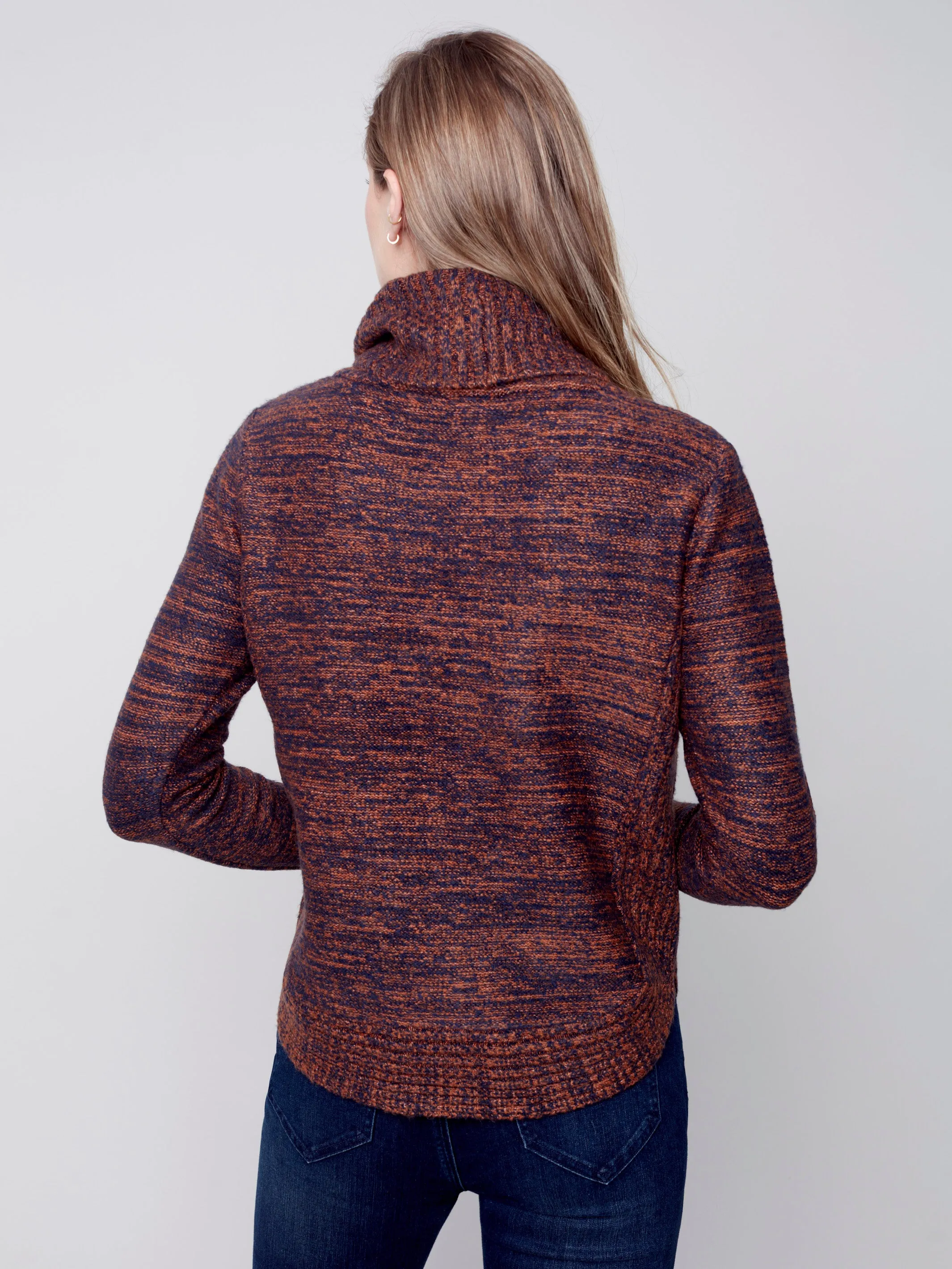 Two-Tone Cable Knit Turtleneck Round Hem Sweater