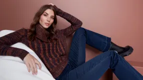 Two-Tone Cable Knit Turtleneck Round Hem Sweater