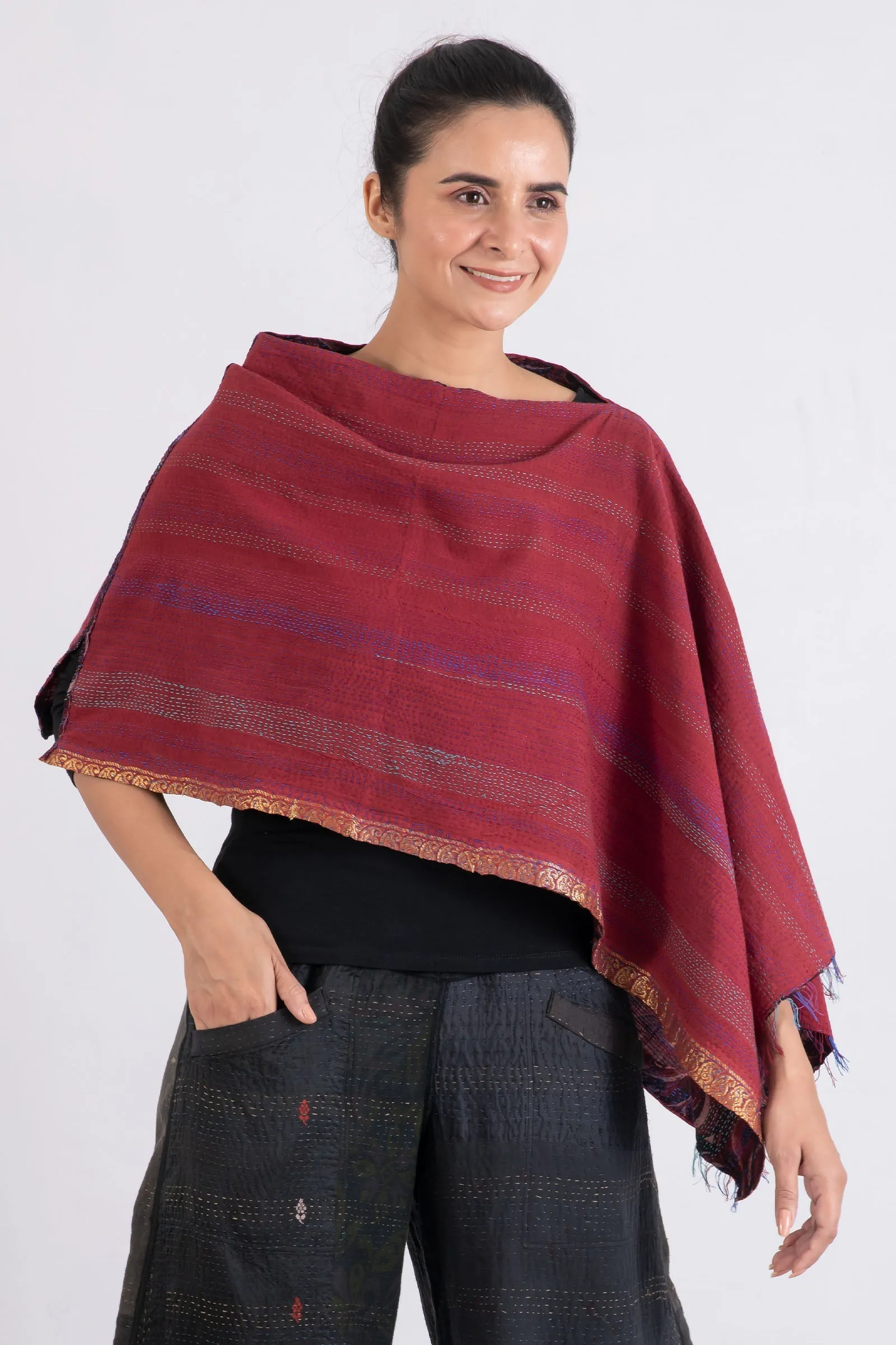 VINTAGE SILK GEORGETTE KANTHA CAPE - sg2806-mar -