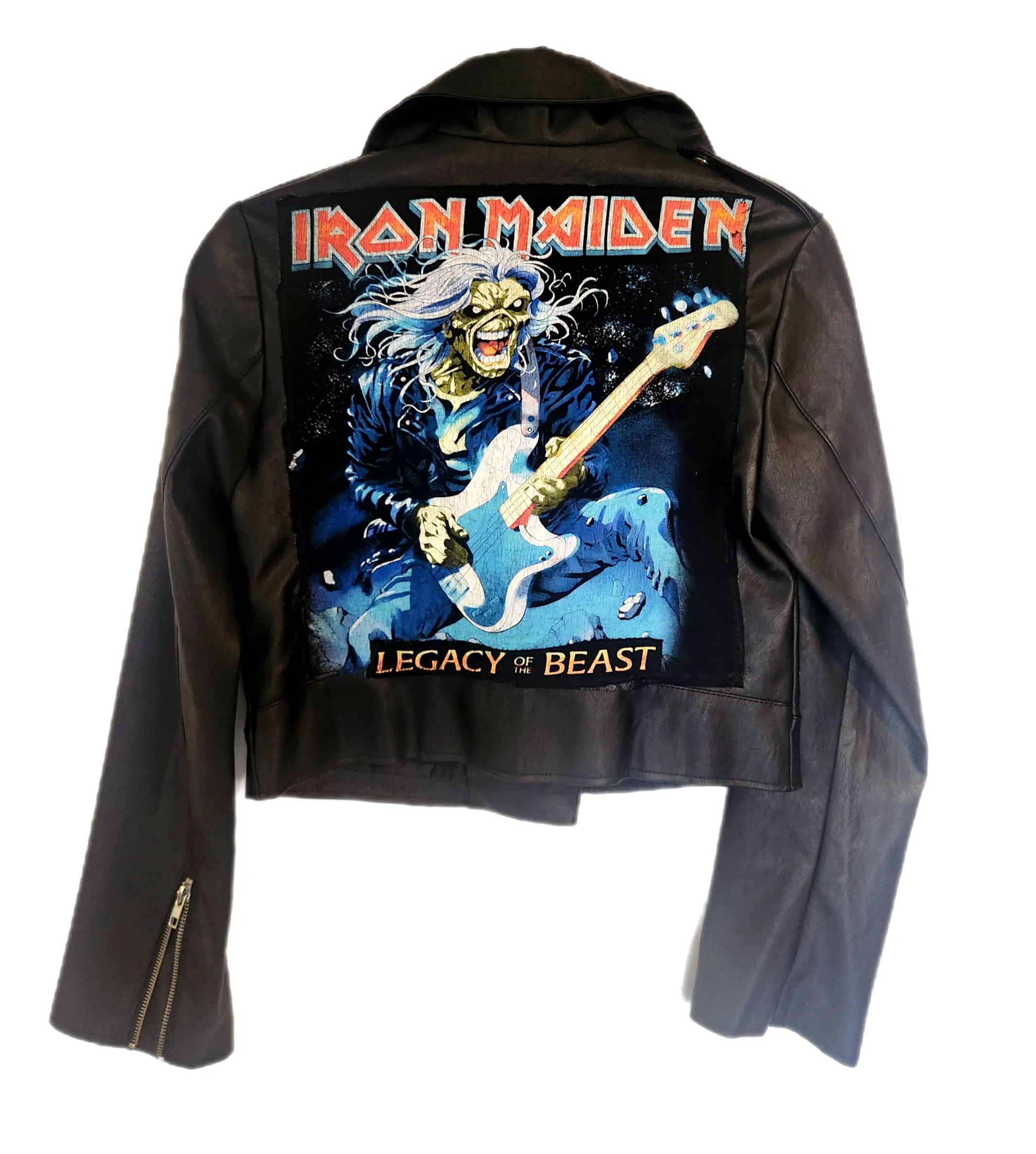 Womens cropped Iron Maiden faux leather jacket- size Small