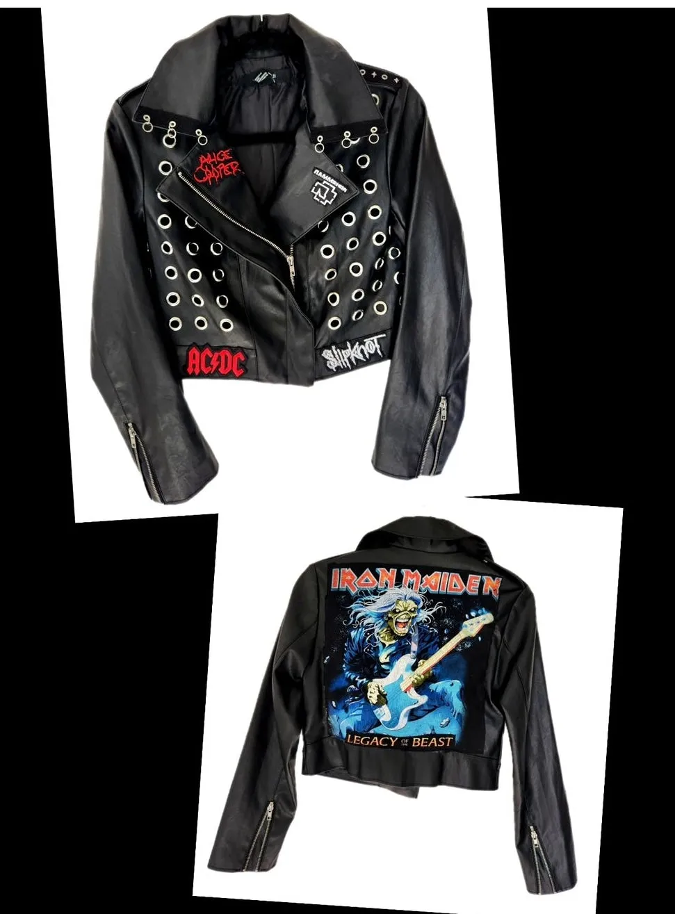 Womens cropped Iron Maiden faux leather jacket- size Small