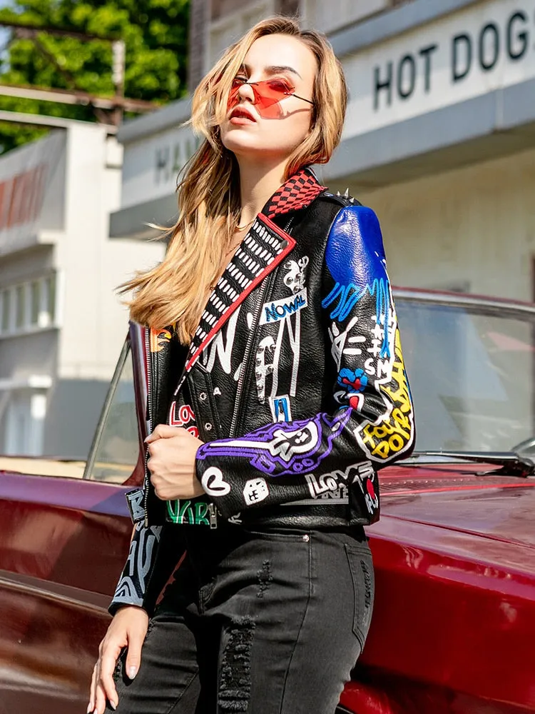 Women’s Graffiti Cropped Pu Leather Biker Jacket