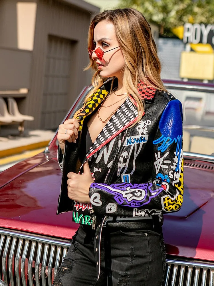 Women’s Graffiti Cropped Pu Leather Biker Jacket