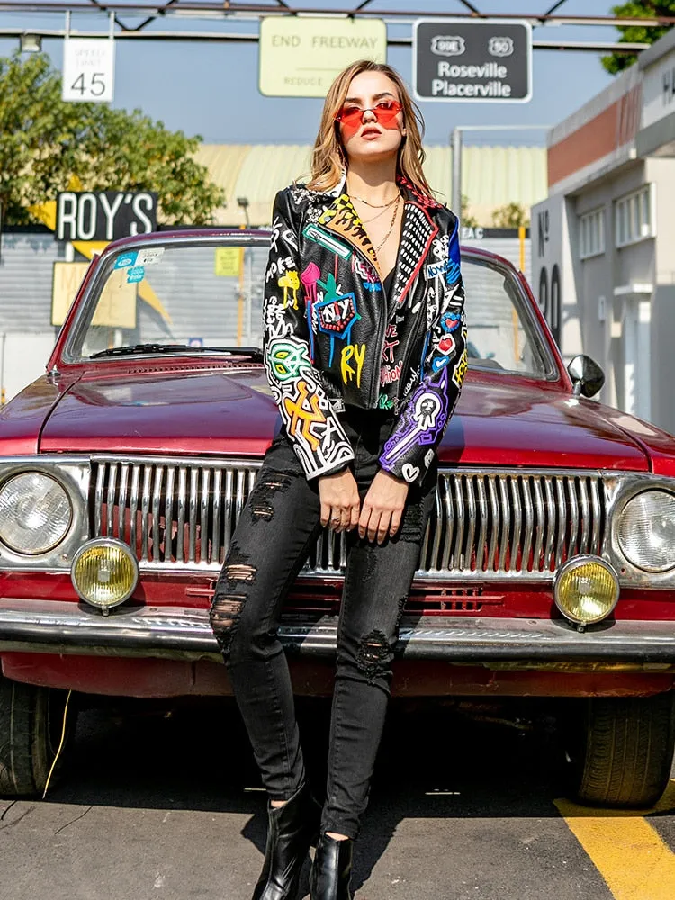 Women’s Graffiti Cropped Pu Leather Biker Jacket