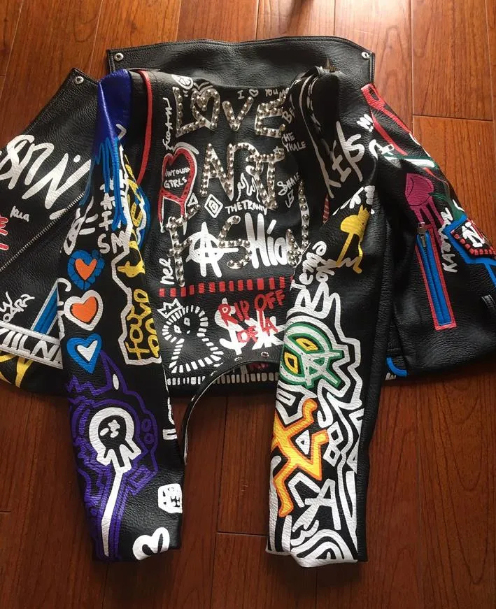 Women’s Graffiti Cropped Pu Leather Biker Jacket