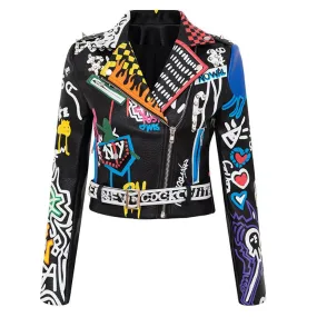 Women’s Graffiti Cropped Pu Leather Biker Jacket