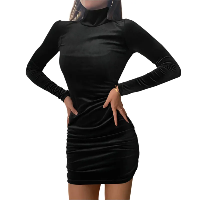 Women's Velvet Turtleneck Long Sleeve Mini Dress – Slim Fit Bodycon Autumn Party and Evening Wear