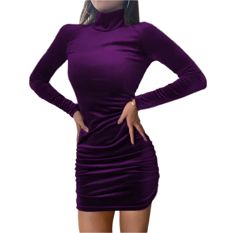 Women's Velvet Turtleneck Long Sleeve Mini Dress – Slim Fit Bodycon Autumn Party and Evening Wear