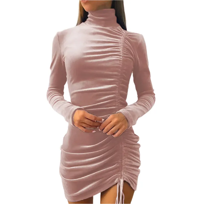 Women's Velvet Turtleneck Long Sleeve Mini Dress – Slim Fit Bodycon Autumn Party and Evening Wear